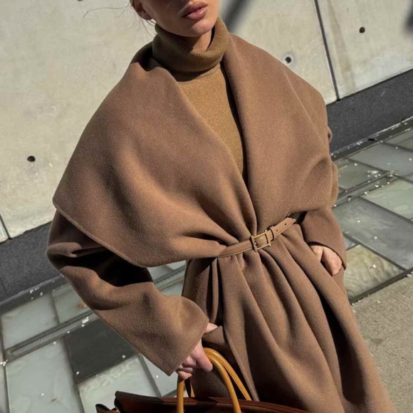 BEST Helsa Revolve The Throw Long Coat Camel Tan Wool Classic Quiet Lux - Picture 3 of 12